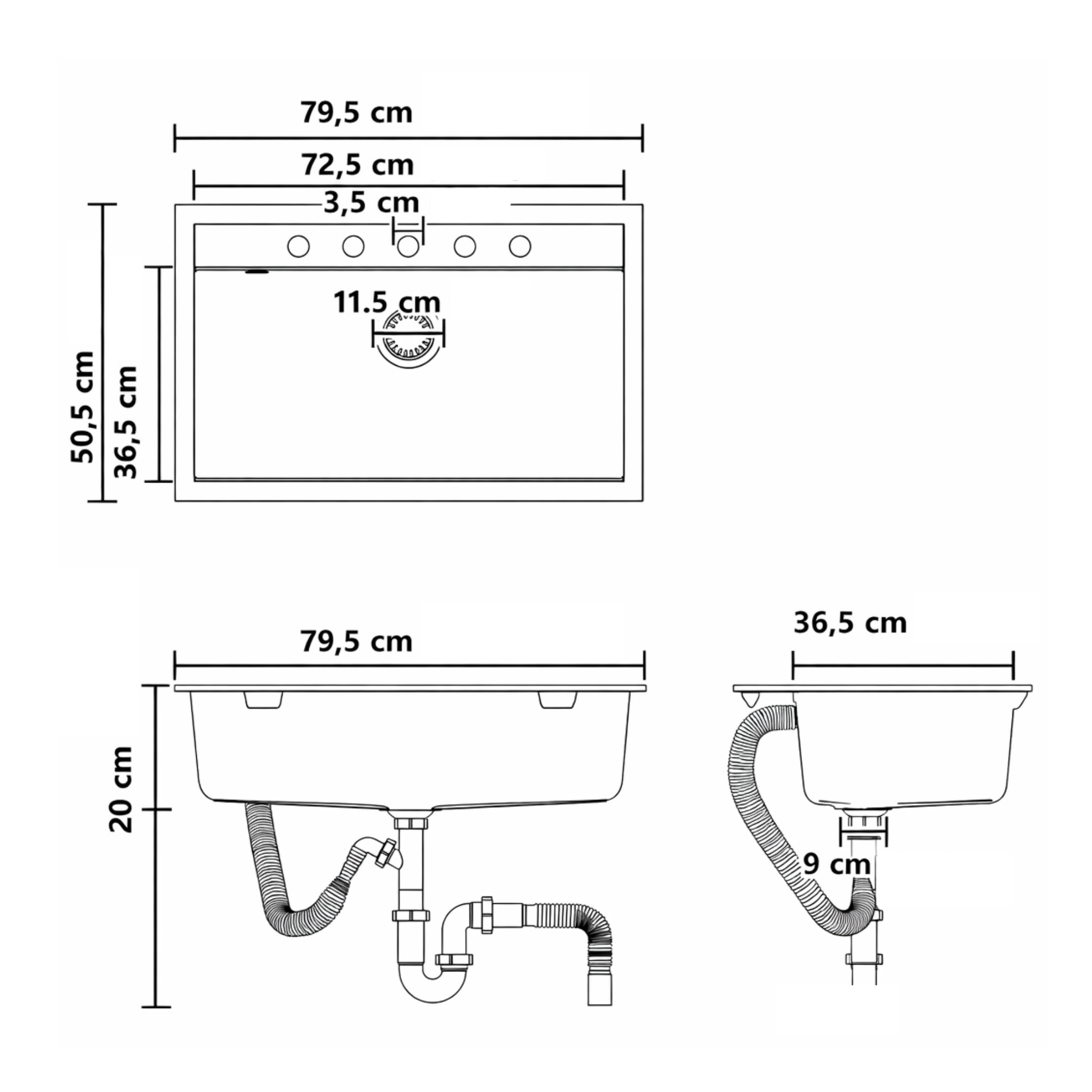 Evier de cuisine AURORA en granit composite, bac large et profond