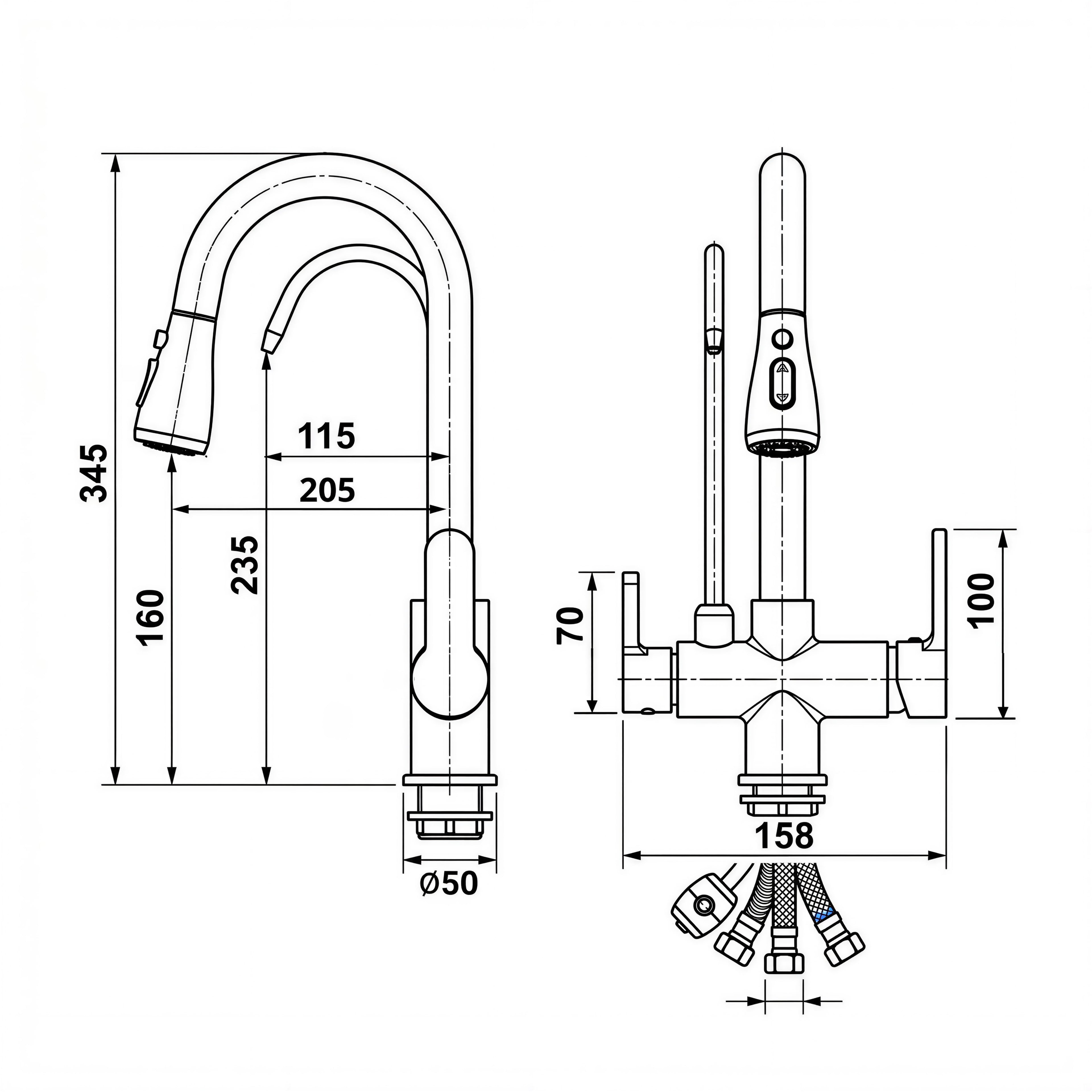 Robinet de cuisine douchette 3 voies architectural en laiton NORA