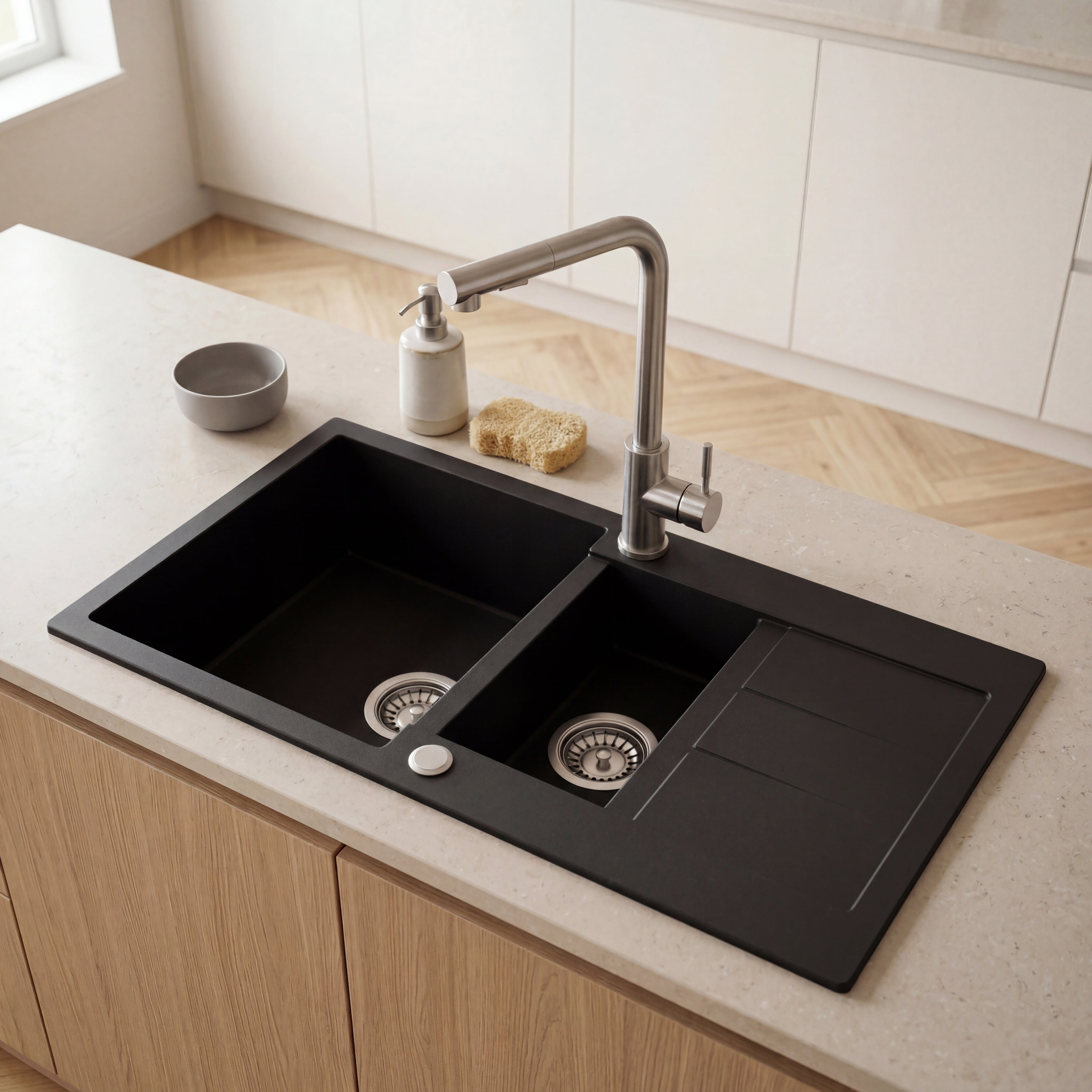 Evier de cuisine MONTCLAR en granit composite, double bac, égouttoir réversible