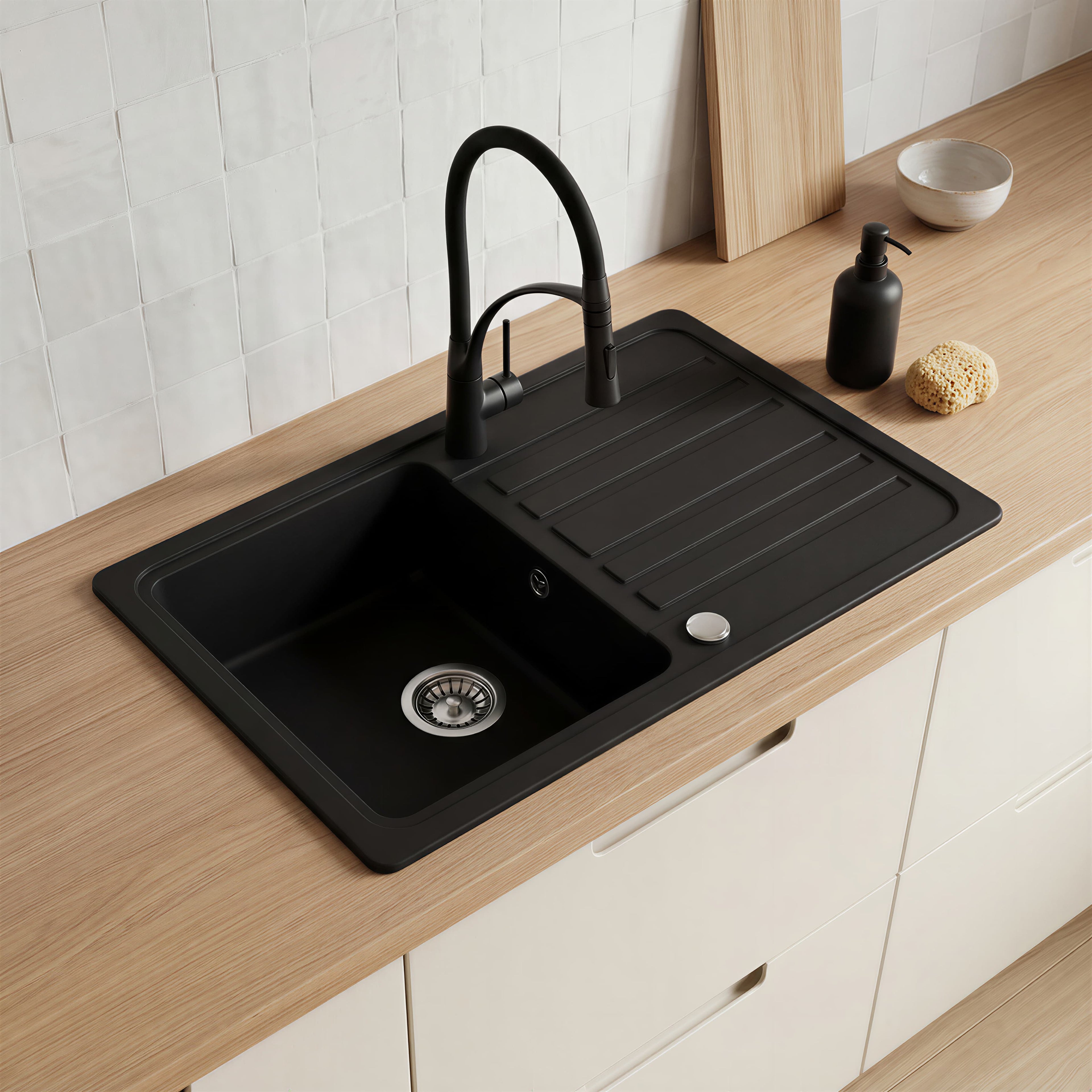 Evier de cuisine SIENA en granit composite, bac simple, égouttoir réversible