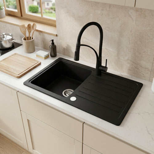 Evier de cuisine SIENA en granit composite, bac simple, égouttoir réversible